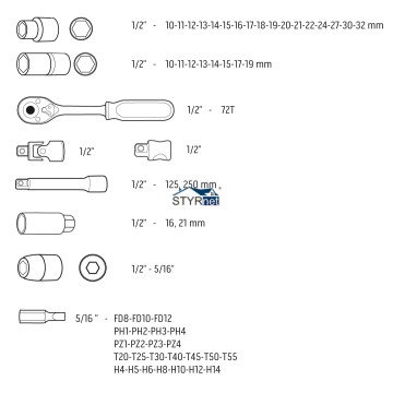 Klucze nasadowe 1/2", zestaw 58 szt., CrV