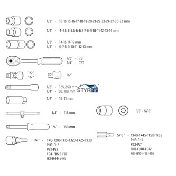 Klucze nasadowe 1/2", 1/4", zestaw 86 szt., CrV