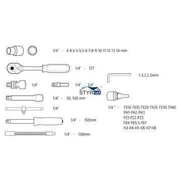 Klucze nasadowe, 1/4”, CrV, zestaw 46 szt.