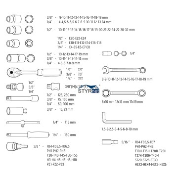 Klucze nasadowe 156 szt., 1/4", 3/8", 1/2", CrV