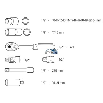 Klucze nasadowe 20 szt., 1/2" CrV