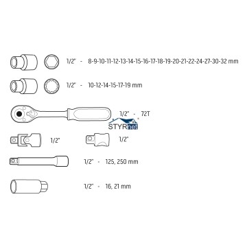 Klucze nasadowe 32 szt., 1/2" CrV