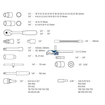 Klucze nasadowe, 1/4", 1/2", CrV, zestaw 94 szt.