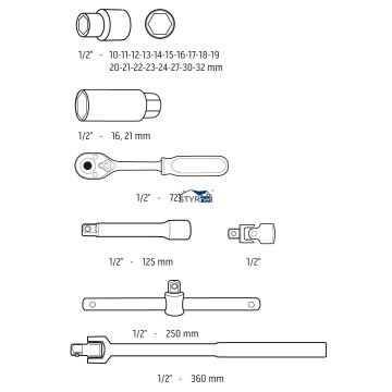 Klucze nasadowe 1/2" , zestaw 25 szt., CrV