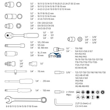 Klucze nasadowe 1/2", 3/8", 1/4", zestaw 219 szt., CrV