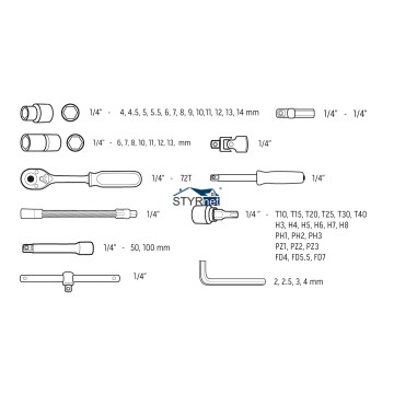 Klucze nasadowe 1/4", zestaw 53 szt.