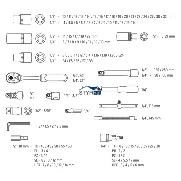 Klucze nasadowe 1/4", 1/2", zestaw 111 szt., CrV