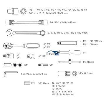 Klucze nasadowe 1/4", 1/2", zestaw 77 szt., CrV